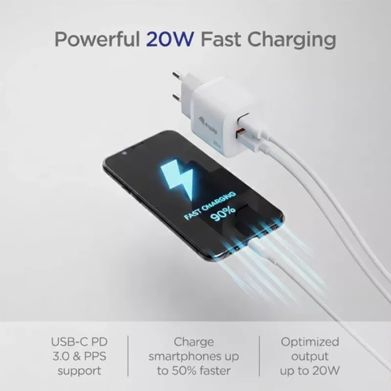 Equip 2 portu USB-C PD3.0/USB-A GaN sienas lādētājs 20W balts
