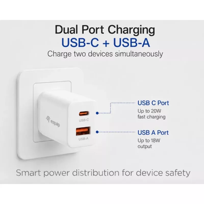 Equip 2 portu USB-C PD3.0/USB-A GaN sienas lādētājs 20W balts