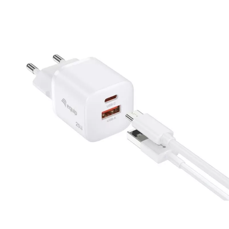 Equip 2 portu USB-C PD3.0/USB-A GaN sienas lādētājs 20W balts