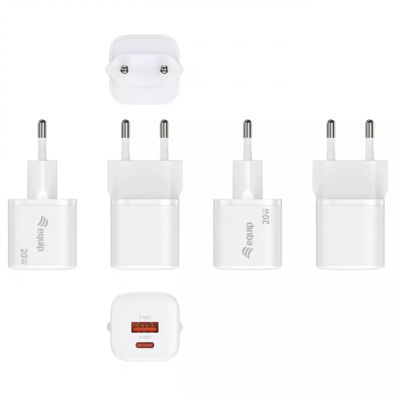 Equip 245526 2-portu USB-C PD3.0 / USB-A GaN 20 W sienas lādētājs, balts