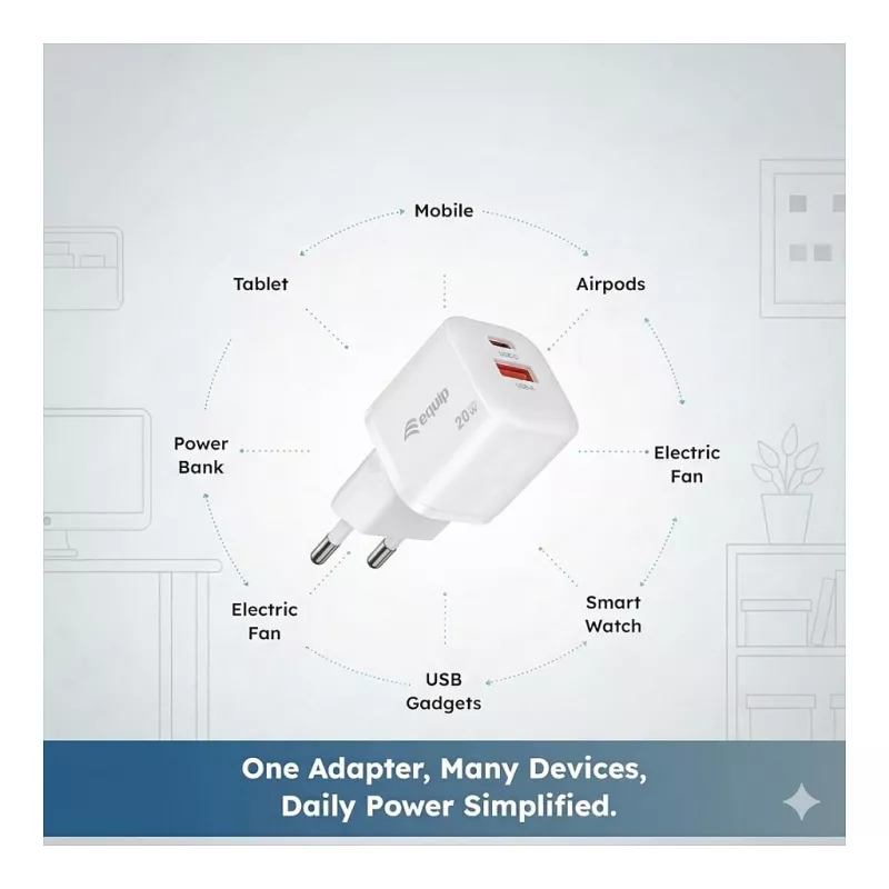 Equip 245526 2-portu USB-C PD3.0 / USB-A GaN 20 W sienas lādētājs, balts