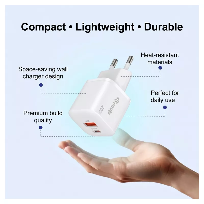Equip 245526 2-portu USB-C PD3.0 / USB-A GaN 20 W sienas lādētājs, balts