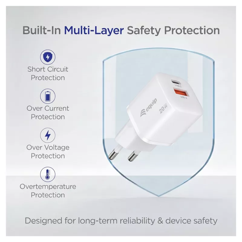 Equip 245526 2-portu USB-C PD3.0 / USB-A GaN 20 W sienas lādētājs, balts