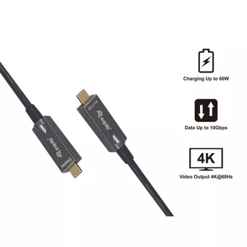 EQUIP 578203 USB-C uz USB-C aktīvais optiskais kabelis 7,5 m 4K@60Hz 10Gbps PD 60W melns