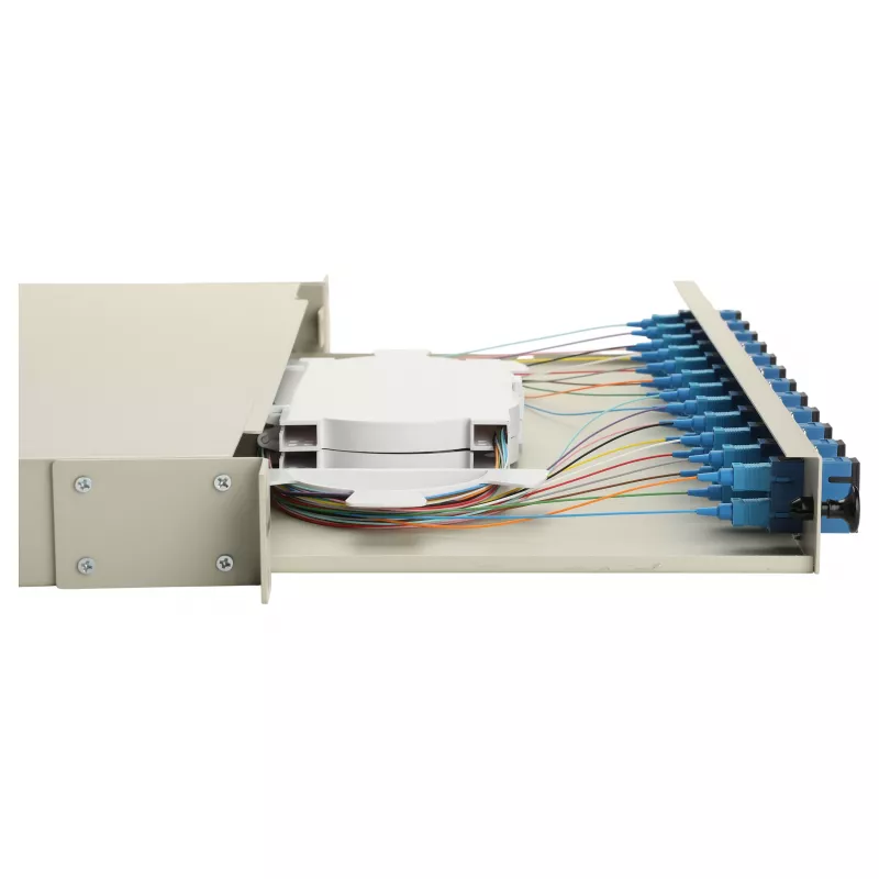 Equip 591911 12-portu SC dupleksā optiskās šķiedras sadales kaste, OS2, 1U, pilnībā aprīkota, pelēka