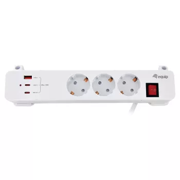Equip Pagarinātājs CEE 7/7 90° uz 3x Schuko / 2x USB-C + USB-A, Balts, 1.5m