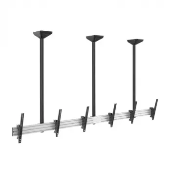 EQUIP Pro trīs monitoru griestu stiprinājums 45-50 collu ekrāniem, pilnas kustības šarnīra rokas, VESA 75/100, 8 kg uz displeju, melns/sudraba