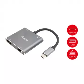 EQUIP USB-C 4-in-1 divu HDMI adapteris ar 100W PD, 4K MST, alumīnijs
