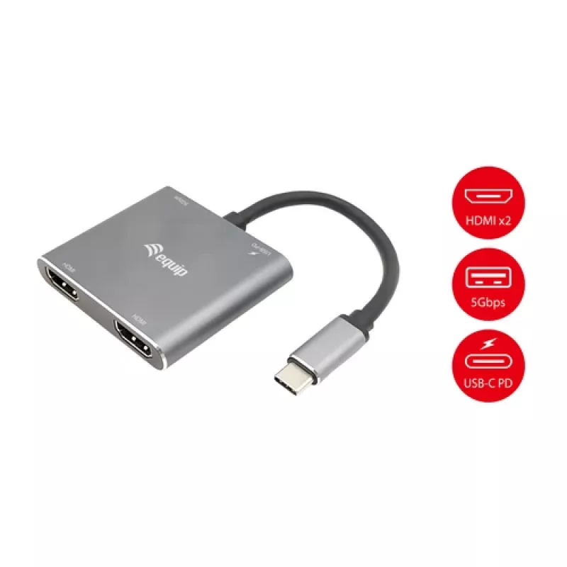 EQUIP USB-C 4-in-1 divu HDMI adapteris ar 100W PD, 4K MST, alumīnijs