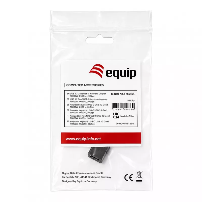 Equip USB-C Keystone Coupler, USB 3.2 Gen 2, USB-C Female to Female, Melns