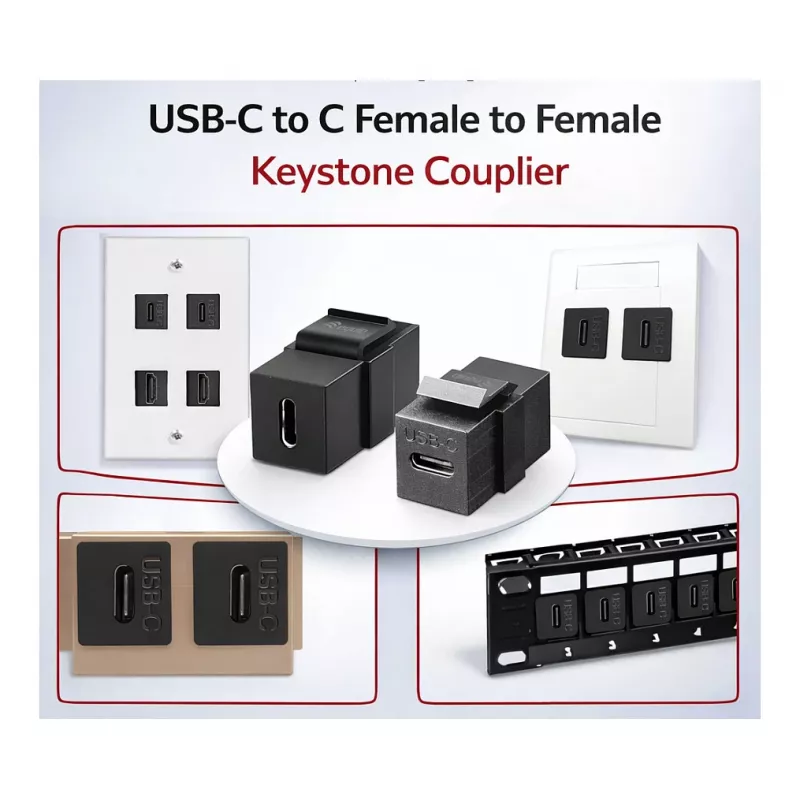 Equip USB-C Keystone Coupler, USB 3.2 Gen 2, USB-C Female to Female, Melns