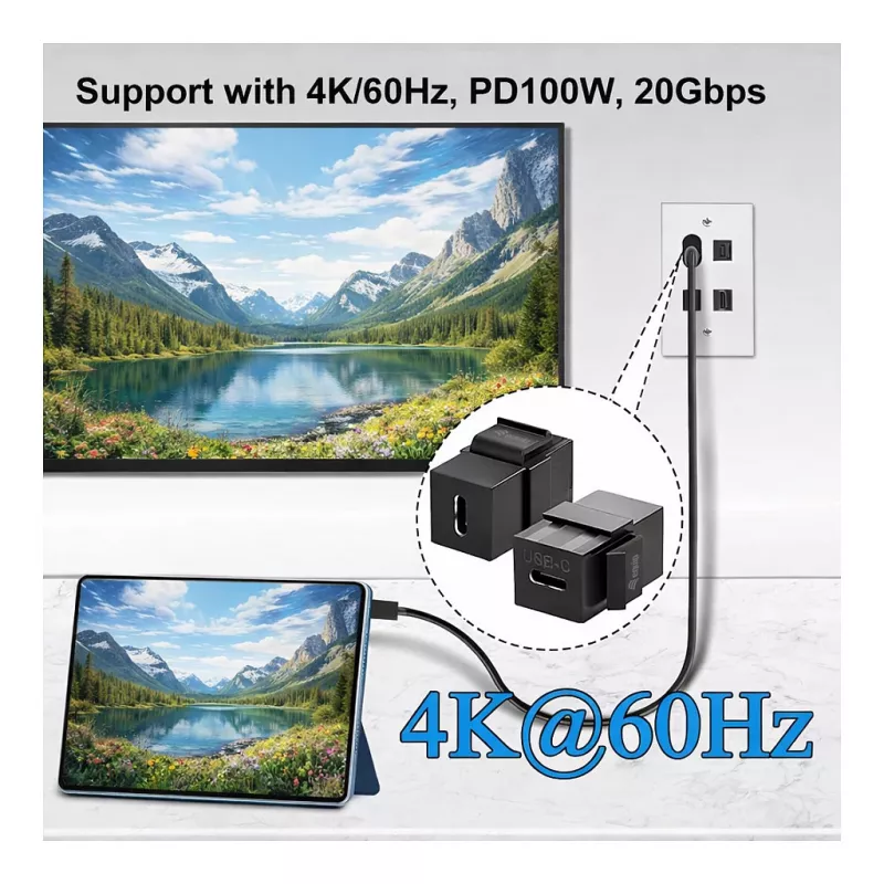 Equip USB-C Keystone Coupler, USB 3.2 Gen 2, USB-C Female to Female, Melns