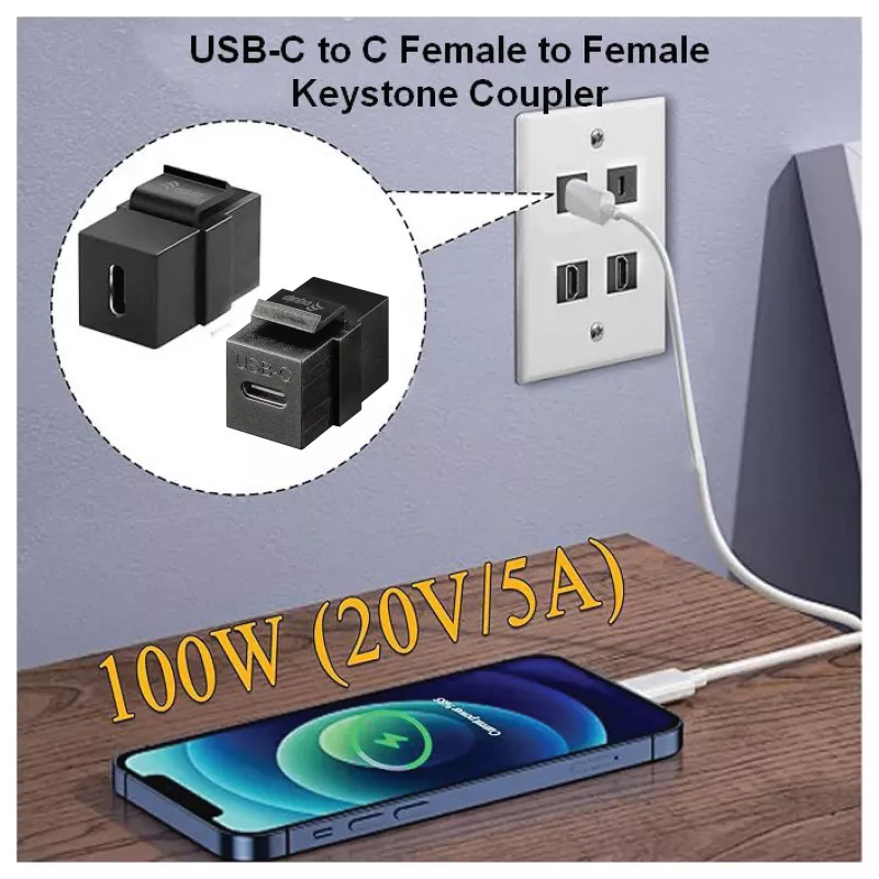 Equip USB-C Keystone Coupler, USB 3.2 Gen 2, USB-C Female to Female, Melns