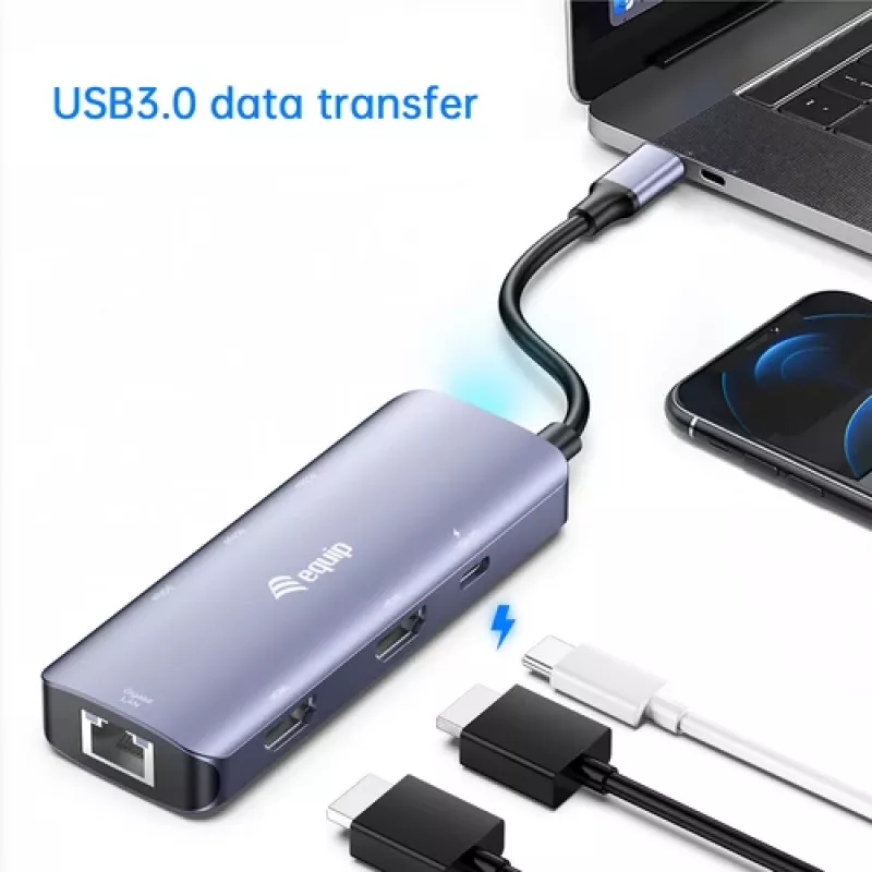 EQUIP USB-C Multiport Adapter with 2x HDMI, RJ45, 2x USB-A, USB-C PD 100W, Grey