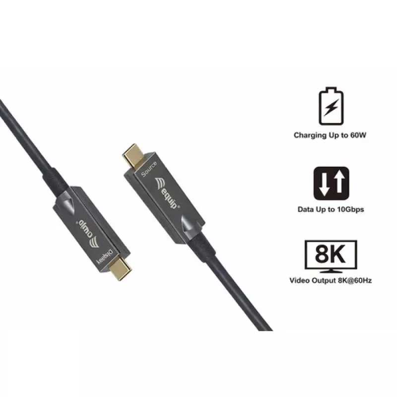 EQUIP USB-C uz C aktīvais optiskais kabelis 7.5m 8K 60Hz PD 60W 10Gbps melns