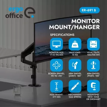 Ergo Office ER-691 B Gāzes atsperes monitora stiprinājums 17-32 inch ekrāniem, 1-10 kg, matēti melns, VESA 75/100