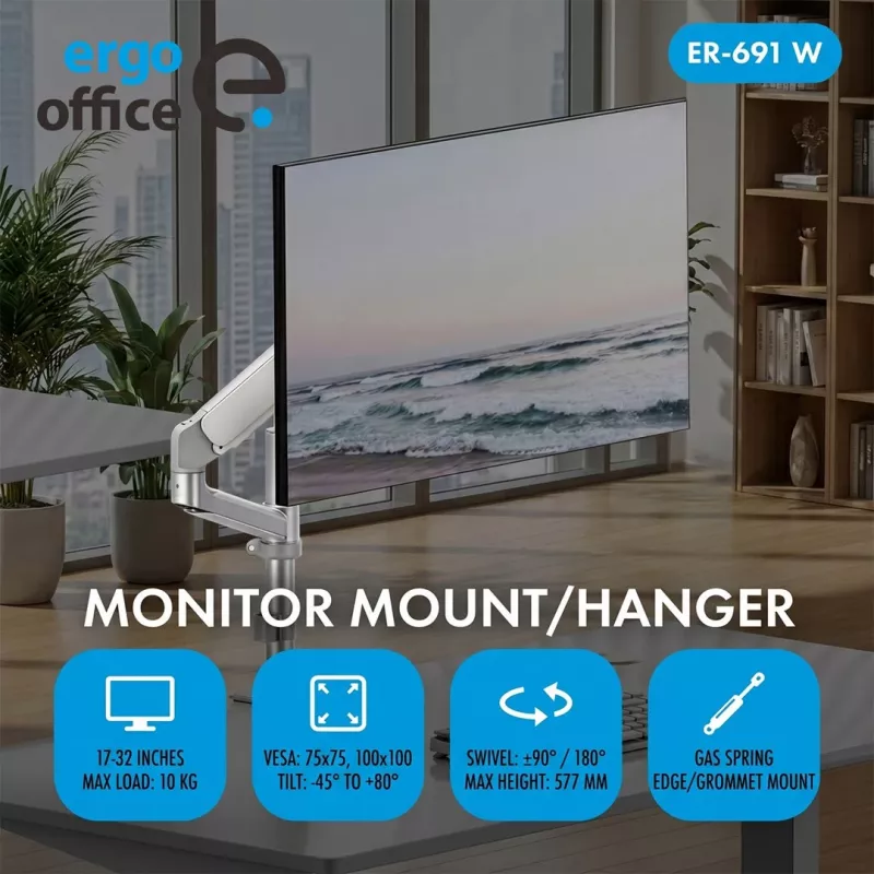ERGO OFFICE ER-691 W Gāzes atsperes galda stiprinājums 17–32 inch monitoriem līdz 10 kg, matēti balts