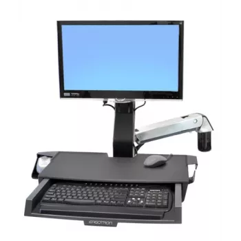 Ergotron 45-260-026 Track Mount Kit, augstumā regulējams monitora stiprinājums ar tastatūras paliktni, izvelkamu peles paliktni, plaukstas balstu un svītrkoda skenera turētāju, piemērots līdz 24 inch LCD, VESA 75/100mm, pulēts alumīnijs