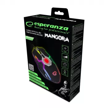Esperanza EGM701 Mangora 8D vadu spēļu pele, RGB fona apgaismojums, 7200 DPI, optiskais sensors, 6 pogas, pīts kabelis, labās rokas, melna