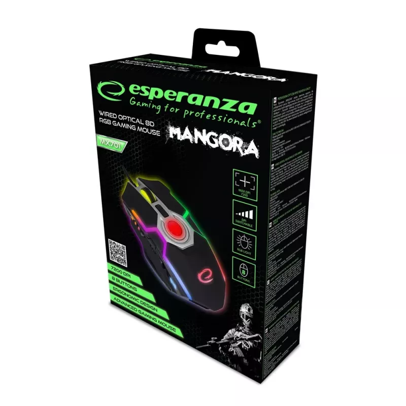 Esperanza EGM701 Mangora 8D vadu spēļu pele, RGB fona apgaismojums, 7200 DPI, optiskais sensors, 6 pogas, pīts kabelis, labās rokas, melna