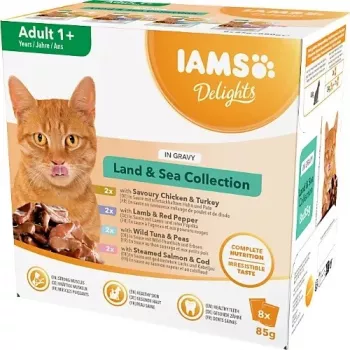 EUKANUBA IAMS DELIGHTS Land & Sea kolekcija mērcē – mitrā kaķu barība – 8x85g