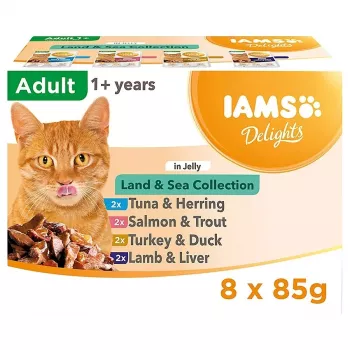 EUKANUBA IAMS DELIGHTS Land & Sea kolekcija želejā – mitrā kaķu barība – 8x85g