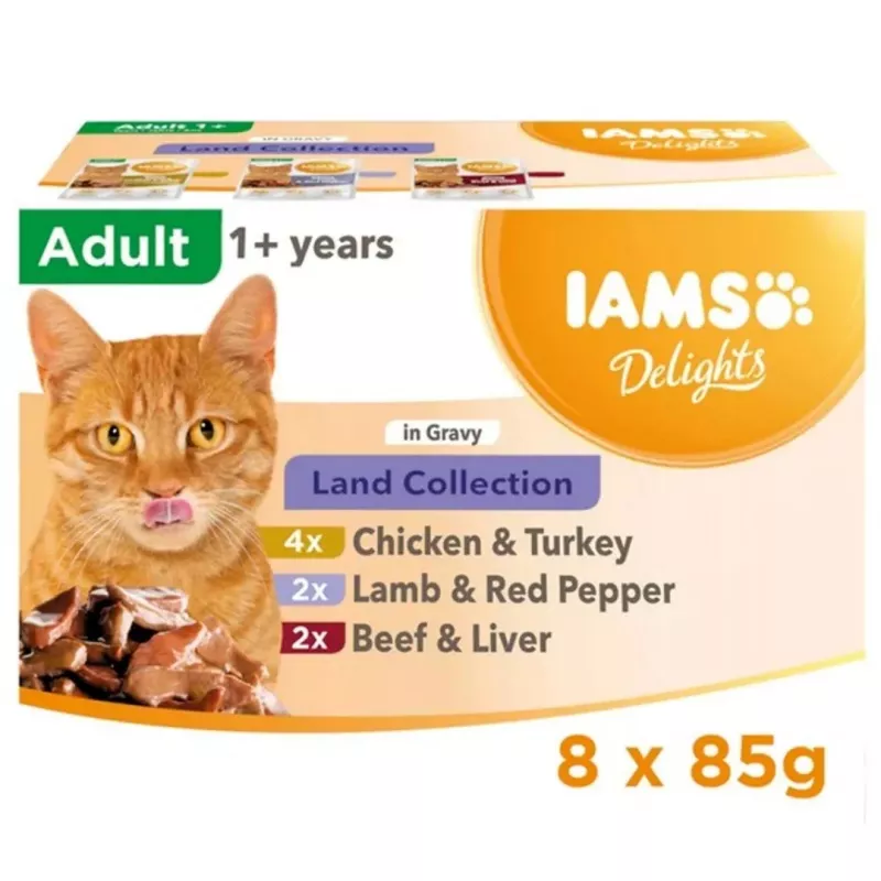 EUKANUBA IAMS Delights Land kolekcija mērcē mitrā kaķu barība, 8 x 85g paciņas (vista, liellopu gaļa, jēra gaļa)