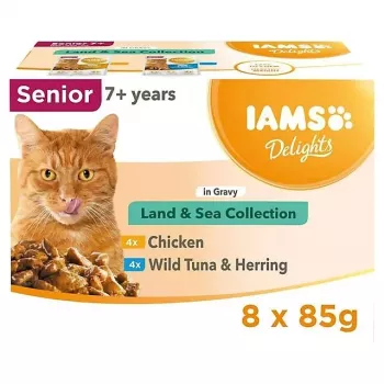 EUKANUBA IAMS Delights Senior Land & Sea Collection mērcē – mitrā kaķu barība – 8 x 85g