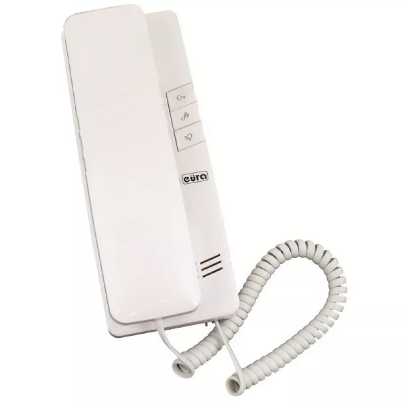 EURA ADP-44A3 (RL-3203D) Audio Intercom System - 2-vadu, vienģimenes, balts iekštelpu bloks, sudraba āra panelis