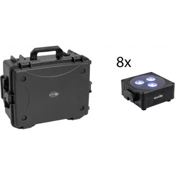 EUROLITE komplekts 8x AKKU Flat Light 3 sw + plastmasas koferis ar ratiņiem RGBW LED QuickDMX
