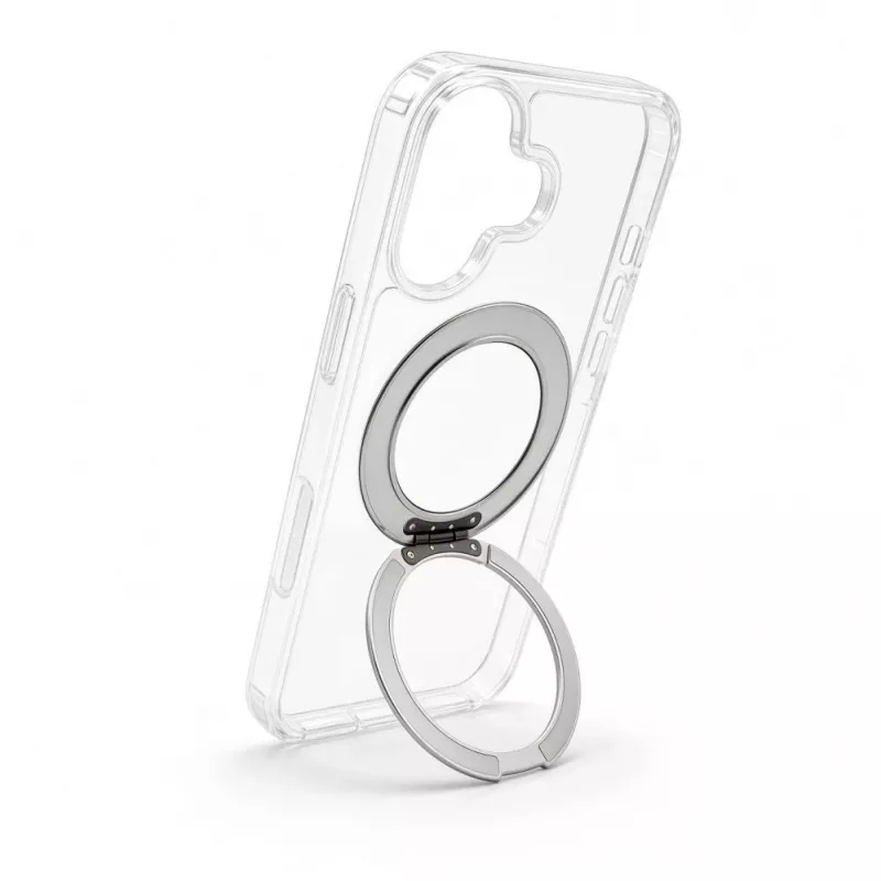 Evelatus Apple iPhone 17 hibrīda maciņš ar MagSafe PC+TPU 360 metāla statīvu, caurspīdīgs