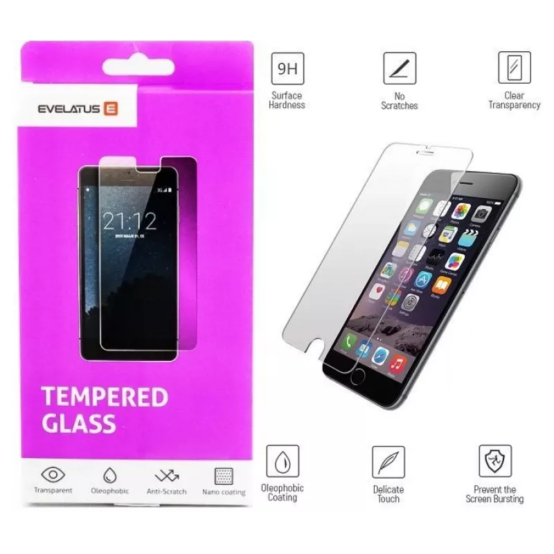 EVELATUS Apple iPhone 6/6S/7/8/SE 2020 0.33 mm Flat Clear Tempered Glass Screen Protector ar Japānas līmi, antistatisks
