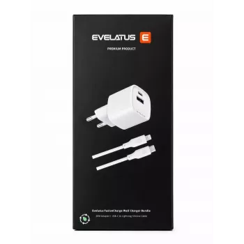 Evelatus FusionCharge sienas lādētāja komplekts 20W barošanas adapteris ar 60W USB-C uz Lightning silikona kabeli, balts