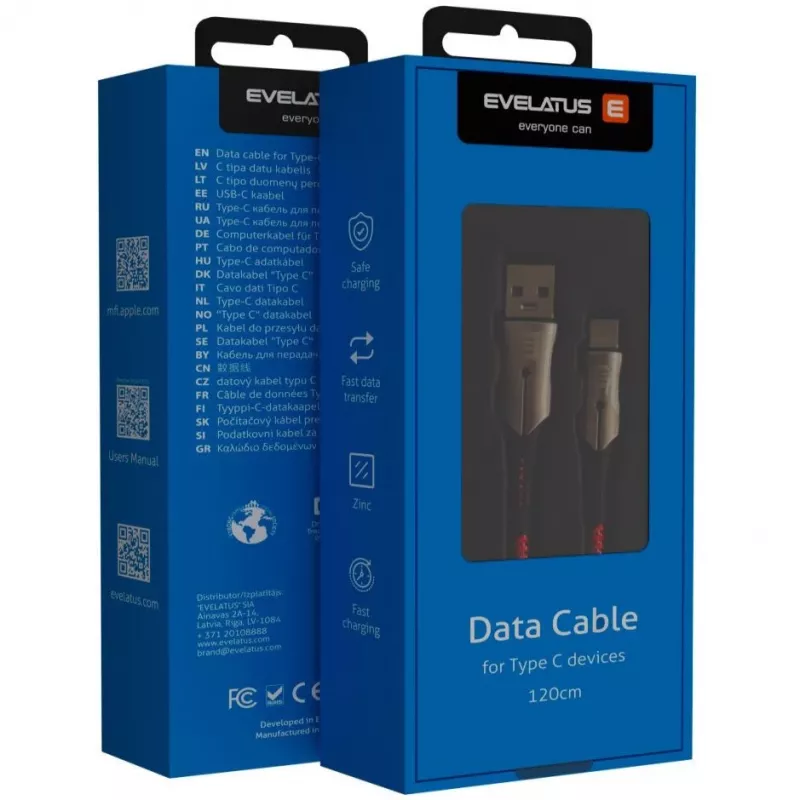 Evelatus Type-C datu kabelis TPC02 melns - USB-A uz USB-C, 1,2 m, USB 2.0, 480 Mbps, 15 W uzlāde