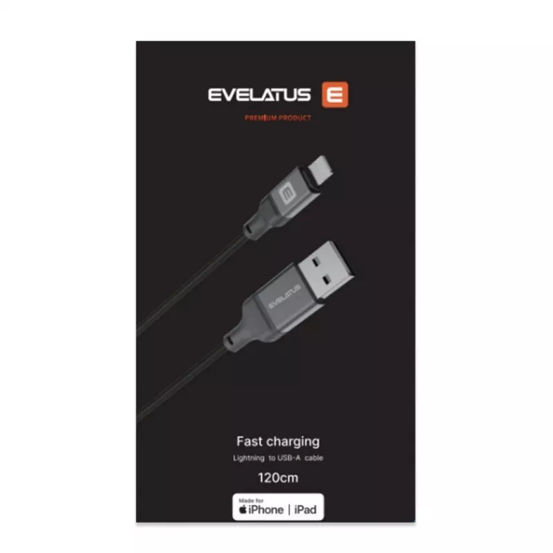 Evelatus USB-A to Lightning kabelis 1,2m (MFi11CL) Alumīnija korpuss Pīts Melns