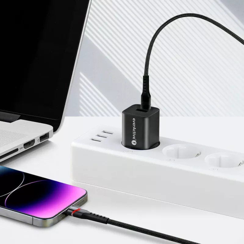 everActive CBB-1CIR USB-C uz Lightning RGB LED kabelis 1m 27W PD Melns