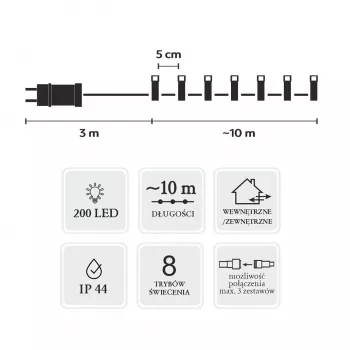 Extralink LED virkne 200 LED auksti baltā krāsā 10m + 3m IP44 iekštelpām/ārtelpām