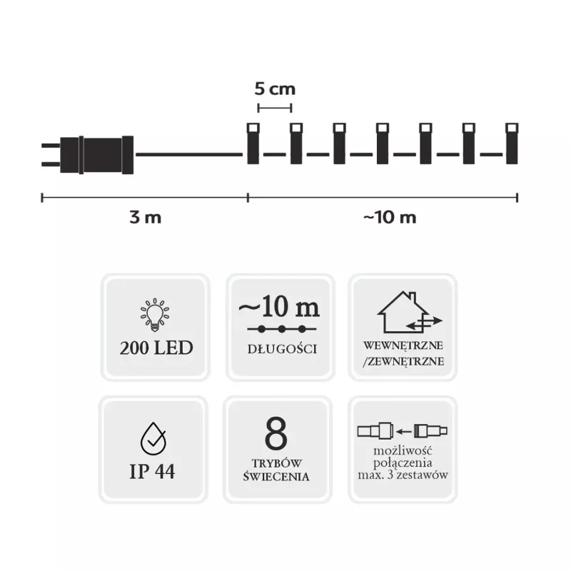 Extralink LED virkne 200 LED auksti baltā krāsā 10m + 3m IP44 iekštelpām/ārtelpām
