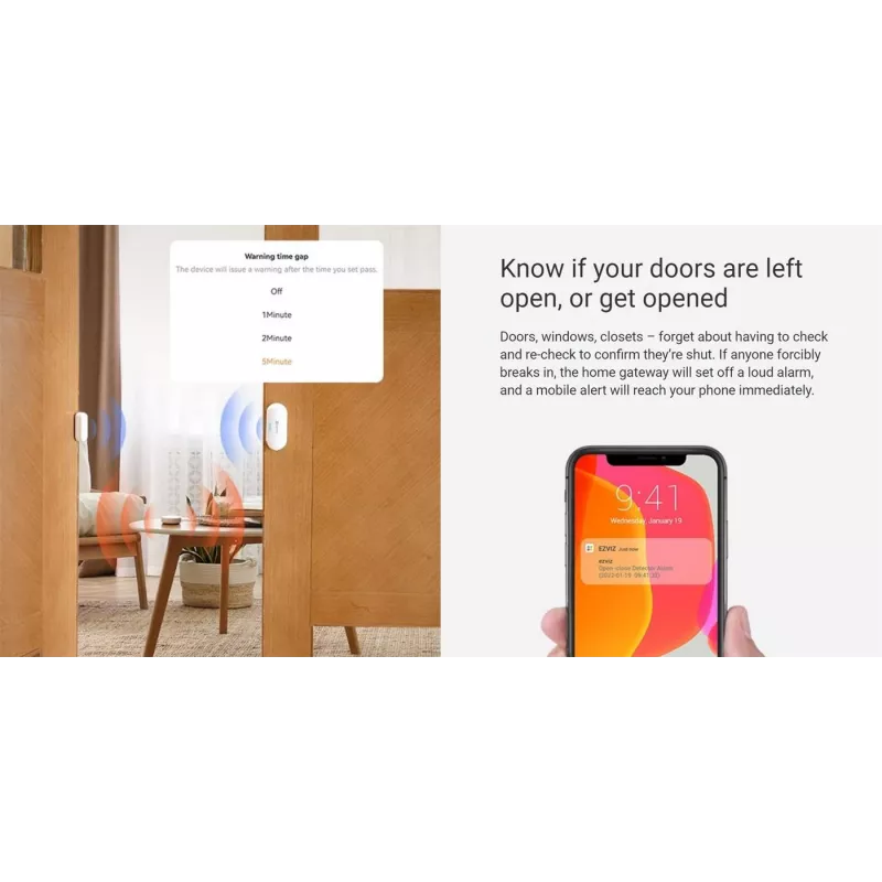 EZVIZ CS-B1 mājas sensoru komplekts – Zigbee 3.0 vārteja, PIR kustības sensors un kontakta sensors, Wi-Fi, 90 dB sirēna, balts