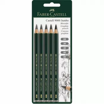 Faber-Castell Castell 9000 Jumbo grafīta zīmuļu komplekts, 5 cietības pakāpes (B, 2B, 4B, 6B, 8B), sešstūra formas, FSC ciedrs 119397
