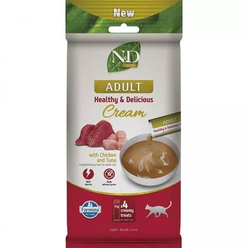 FARMINA N&D Prime Cat Cream ar Vistu un Tunci Pieaugušiem Kaķiem – Kaķu Kārums Kaķēniem – 4x15g