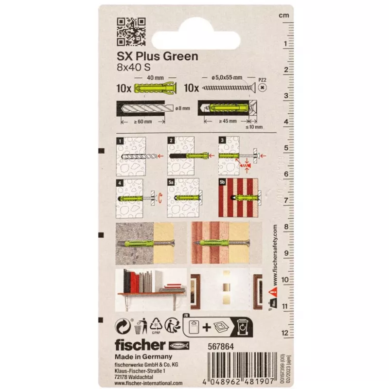 Fischer DUOPOWER Skrūvju un dībeļu komplekts 100 gab. - 6x30/8x40/10x50 mm - PZ2 - Zaļš