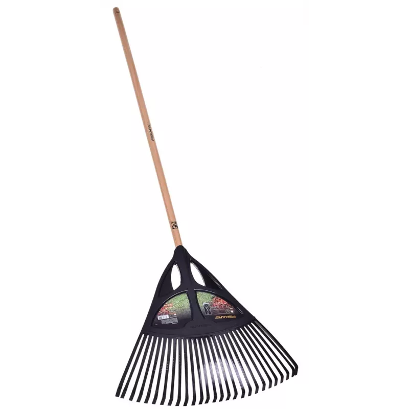 Fiskars Solid lapu grābeklis, 52 cm plata polipropilēna galva, 175 cm alumīnija kāts, 25 elastīgi zari, melns/oranžs