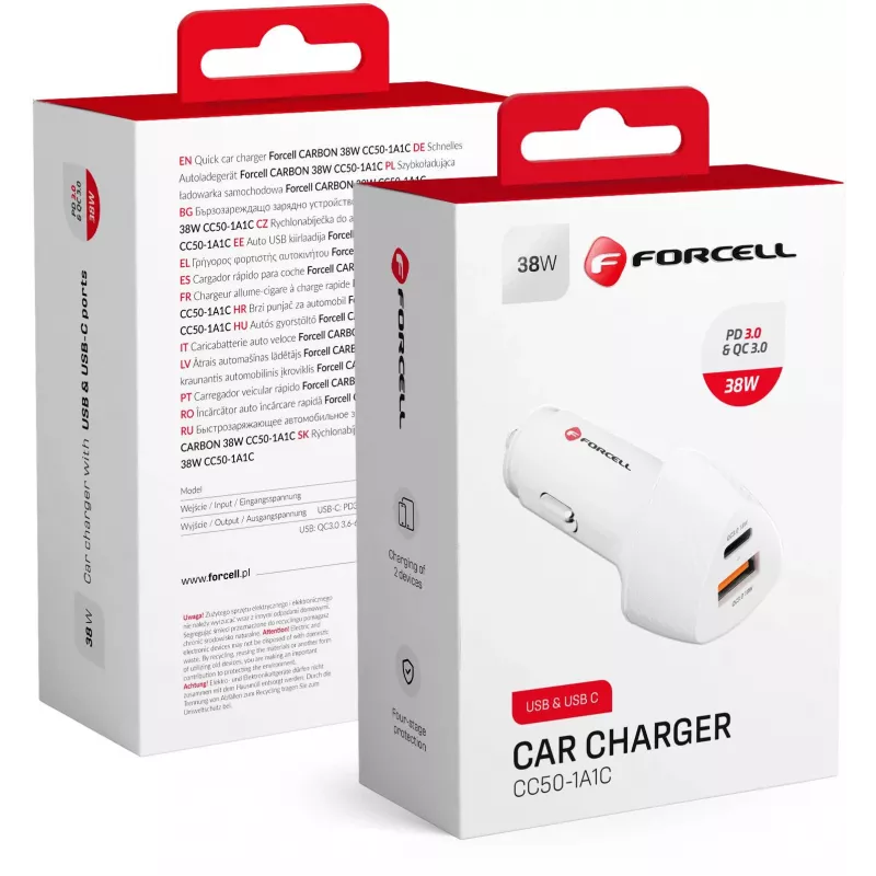 Forcell Carbon CC50-1A1C 38W USB-C PD + USB-A QC 3.0 autolādētājs - balts
