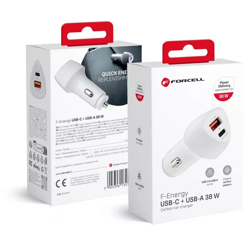 Forcell Carbon CC50-1A1C 38W USB-C PD + USB-A QC 3.0 autolādētājs - balts