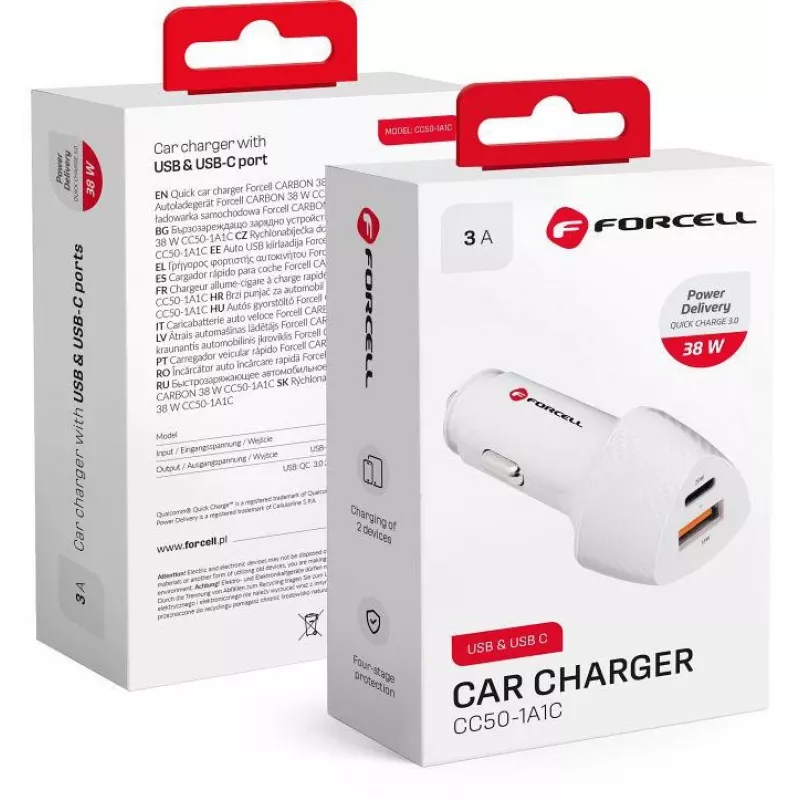 Forcell Carbon CC50-1A1C 38W USB-C PD + USB-A QC 3.0 autolādētājs - balts