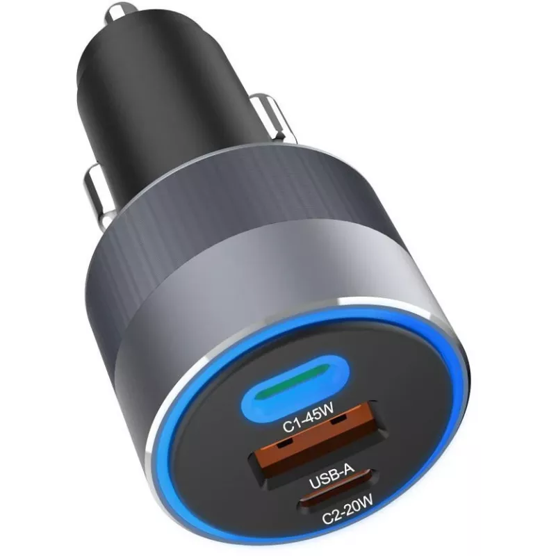 Forcell F-Energy 65 auto lādētājs 65 W, 2x USB-C (PD 3.0) un 1x USB-A (QC 4.0), pelēks