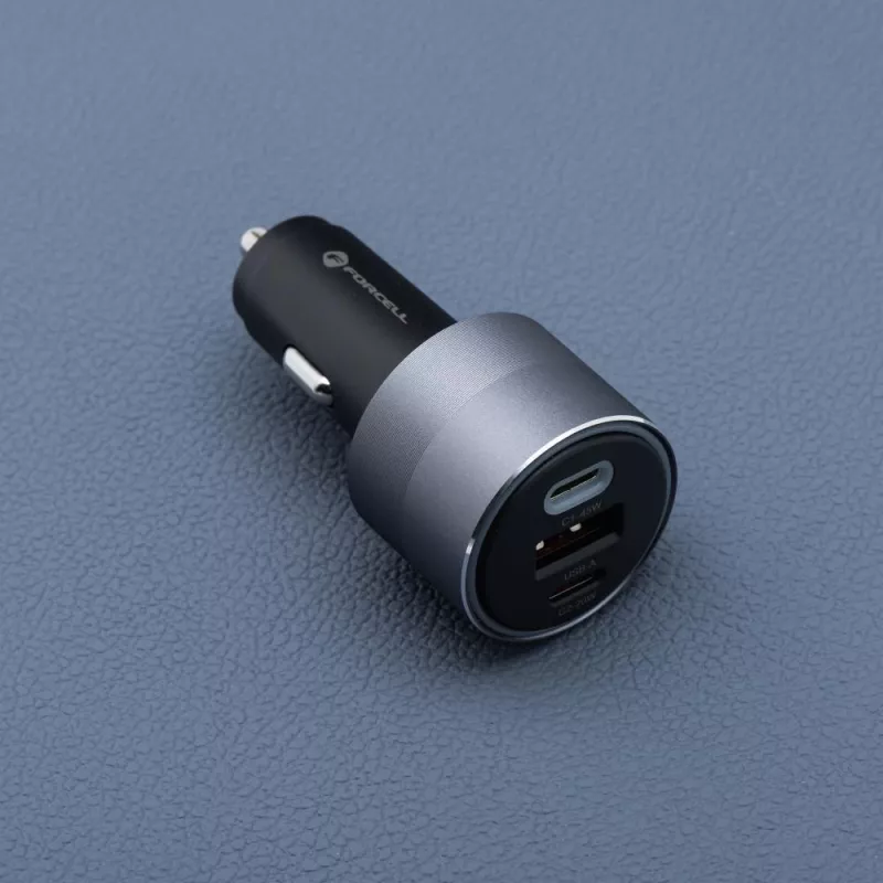 Forcell F-Energy 65 auto lādētājs 65 W, 2x USB-C (PD 3.0) un 1x USB-A (QC 4.0), pelēks