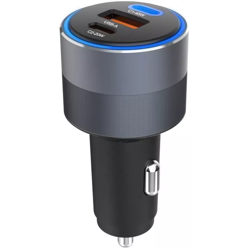 Forcell F-Energy 65 auto lādētājs 65 W, 2x USB-C (PD 3.0) un 1x USB-A (QC 4.0), pelēks