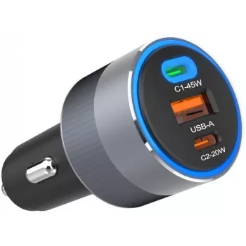 Forcell F-Energy 65 auto lādētājs 65 W, 2x USB-C (PD 3.0) un 1x USB-A (QC 4.0), pelēks
